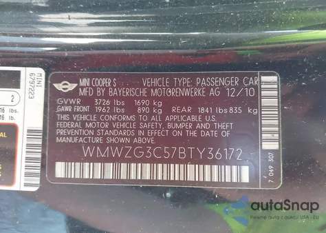 2011 Mini Cooper S Clubman from USA, damaged, VIN WMWZG3C57BTY36172